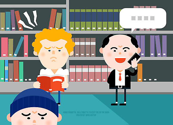 남자 말풍선 일러스트 성인 책 세명 전자제품 스마트폰 독서 예절 도서관 통화 소음 공공장소 국내일러스트 AI파일 교육 모션 사람 핸드폰 스마트기기 소리 장소 파일형식 벡터