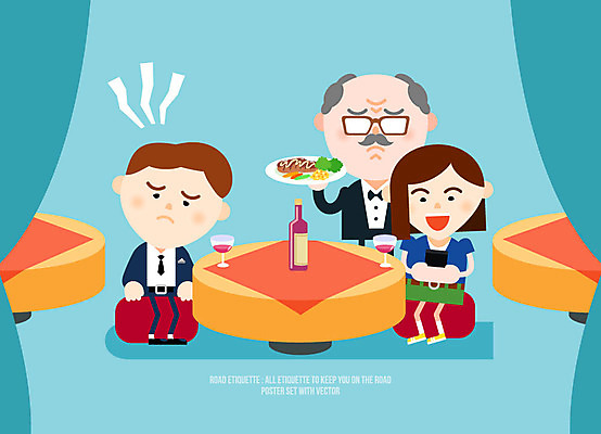 여자 남자 음식 와인잔 데이트 일러스트 식탁 성인 세명 전자제품 스마트폰 식당 와인 예절 와인병 공공장소 식사예절 국내일러스트 AI파일 술잔 탁자 병_용기 주류 사람 핸드폰 스마트기기 상점 장소 파일형식 벡터