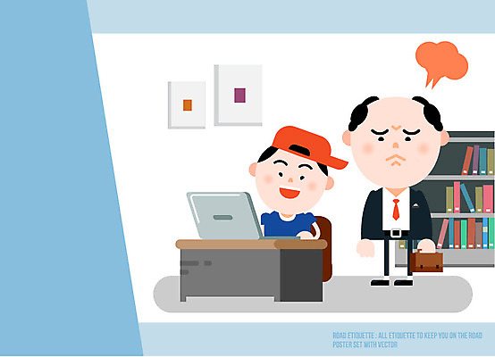 남자 어린이 일러스트 책장 실내 성인 두명 노트북 전자제품 분노 예절 책상 공공장소 국내일러스트 AI파일 감정 가구 사람 내부 장소 파일형식 벡터