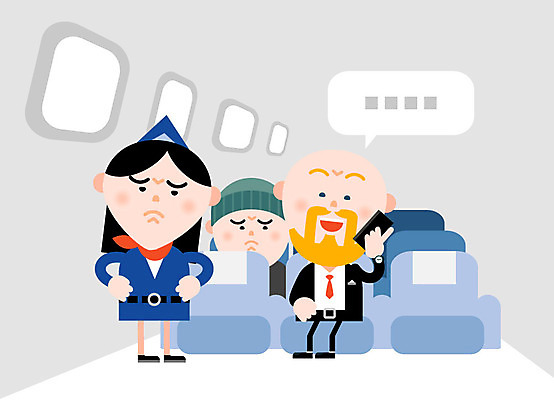 여자 남자 말풍선 일러스트 성인 세명 전자제품 스마트폰 예절 승무원 통화 공공장소 비행기내부 국내일러스트 AI파일 직업 모션 비행기 사람 내부 핸드폰 스마트기기 장소 파일형식 벡터