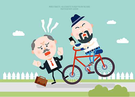 노년 남자 일러스트 성인 두명 전자제품 스마트폰 울타리 자전거 예절 충돌 공공장소 국내일러스트 AI파일 사람 핸드폰 스마트기기 담장 바이크 장소 파일형식 벡터