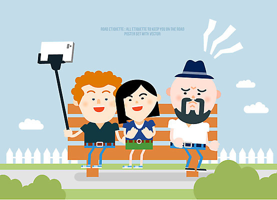 여자 남자 벤치 일러스트 성인 세명 전자제품 스마트폰 울타리 예절 셀프카메라 공공장소 방해 셀카봉 국내일러스트 AI파일 컨셉 의자 사람 핸드폰 스마트기기 담장 사진촬영 장소 파일형식 벡터