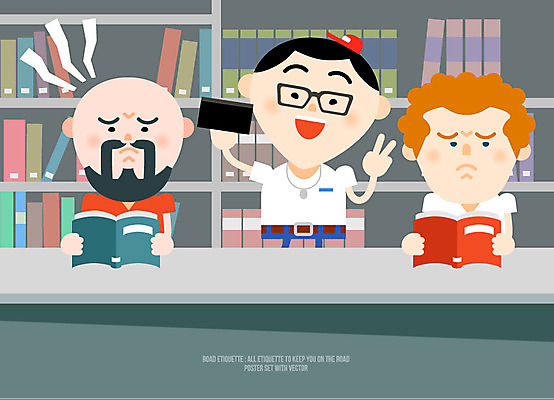 남자 일러스트 실내 성인 책 세명 전자제품 스마트폰 독서 예절 도서관 공공장소 방해 국내일러스트 AI파일 교육 컨셉 사람 내부 핸드폰 스마트기기 장소 파일형식 벡터