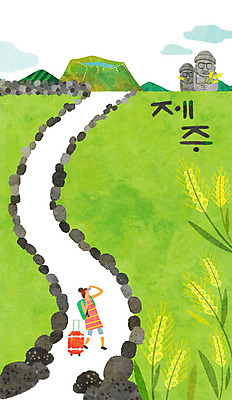 PSD 여자 여행 일러스트 돌담 한명 성인 제주도 캐리어 돌하르방 한라산 제주도여행 청보리 청보리밭 국내일러스트 1 밭 산 한국 사람 담장 여행가방 돌_바위 보리 파일형식