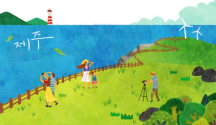 PSD 나무 여자 남자 어린이 바다 섬 여행 일러스트 등대 여러명 성인 해변 울타리 제주도 카메라 풍력에너지 삼각대 제주도여행 현무암 국내일러스트 식물 다수 한국 사람 전자제품 담장 그린에너지 화산암 파일형식