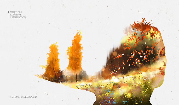 PSD 나무 여자 꽃 백그라운드 단풍 일러스트 한명 성인 눈감음 가을 숲 다중노출 가을배경 국내일러스트 식물 1 계절 잎 모션 촬영기법 사람 파일형식 가을_계절