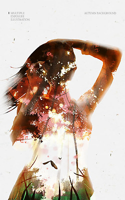 PSD 나무 여자 나비 백그라운드 일러스트 한명 성인 손들기 가을 숲 다중노출 가을배경 국내일러스트 식물 1 계절 곤충 모션 촬영기법 사람 파일형식 가을_계절