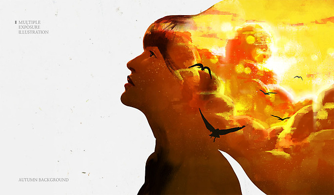 PSD 구름 여자 백그라운드 일러스트 조류 한명 성인 노을 가을 다중노출 가을배경 국내일러스트 자연요소 동물 1 계절 촬영기법 사람 파일형식 가을_계절