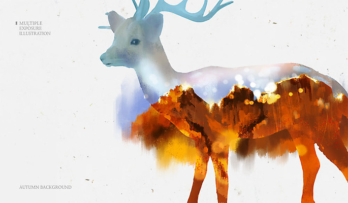 PSD 나무 백그라운드 단풍 일러스트 하늘 사슴 산 사람없음 가을 다중노출 가을배경 국내일러스트 식물 계절 잎 포유류 촬영기법 파일형식 가을_계절
