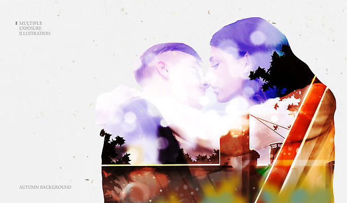 PSD 나무 여자 남자 백그라운드 단풍 일러스트 키스 주택 성인 두명 가을 다중노출 가을배경 국내일러스트 식물 계절 잎 촬영기법 사람 건물 애정표현 파일형식 가을_계절