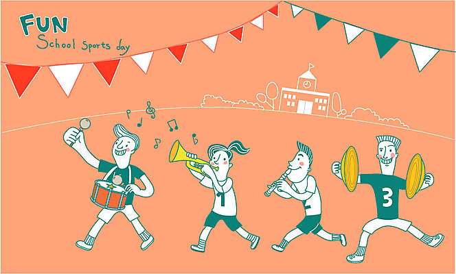 여자 남자 어린이 일러스트 학교 여러명 북 피리 트럼펫 체육대회 심벌즈 가랜드 운동회날 국내일러스트 AI파일 교육 다수 타악기 사람 목관악기 금관악기 체육 파티용품 대회 파일형식 벡터