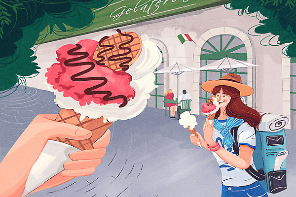 PSD 여자 해외여행 여행 일러스트 배낭 아이스크림 거리 여러명 성인 이탈리아 카페 파라솔 세계여행 아이스크림콘 이탈리아국기 젤라또 국내일러스트 해외 유럽 다수 가방 디저트 사람 세계 상점 국기 콘 파일형식