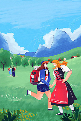 주간 PSD 나무 여자 남자 해외여행 여행 일러스트 배낭 자연 산 초원 여러명 성인 야외 세계여행 알프스 스위스전통의상 알프스산 국내일러스트 자연요소 식물 해외 유럽 다수 가방 사람 세계 전통의상 생태계 파일형식