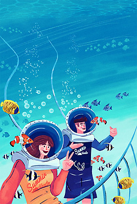 PSD 커플 여자 남자 해외여행 여행 일러스트 성인 두명 바닷속 세계여행 열대어 래쉬가드 씨워커 트로피컬아트 국내일러스트 해외 수영복 관계 어류 사람 세계 수중 그림 파일형식 액티비티