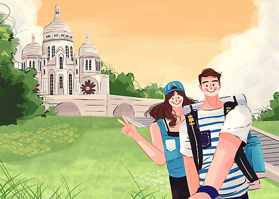 PSD 건축물 커플 여자 남자 해외여행 여행 일러스트 배낭 성인 야외 두명 일몰 프랑스 세계여행 풀잎 셀프카메라 몽마르트르 국내일러스트 해외 건축 유럽 잎 가방 관계 사람 세계 노을 사진촬영 풀_식물 파일형식