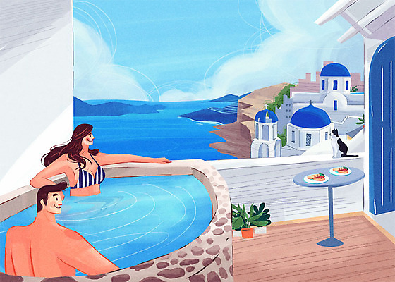 PSD 커플 여자 남자 음식 바다 해외여행 여행 일러스트 탁자 성인 두명 비키니 고양이 스파 신혼여행 세계여행 산토리니 산토리니섬 야외테라스 국내일러스트 해외 수영복 섬 가구 결혼 포유류 관계 사람 반려동물 세계 발코니 그리스 파일형식