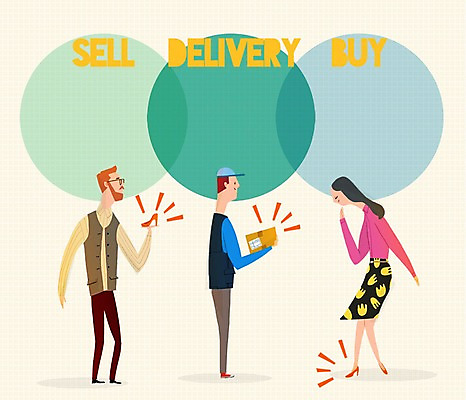 PSD 여자 남자 구두 일러스트 성인 세명 쇼핑 세일 택배기사 상인 고객 택배 택배상자 국내일러스트 신발 사람 상자 운송업 배달원 파일형식