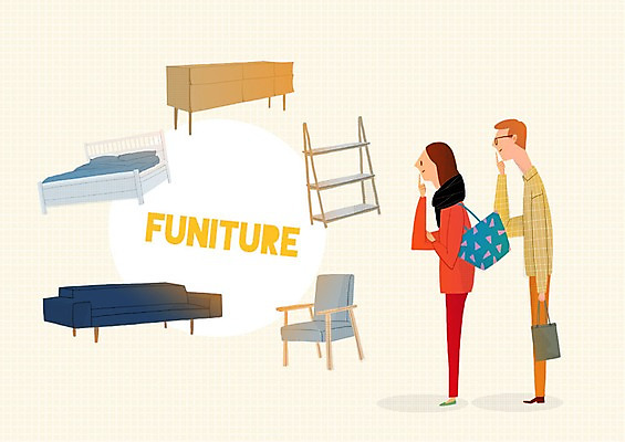 PSD 여자 남자 가구 의자 일러스트 성인 두명 쇼핑 소파 세일 침대 고객 고민 서랍장 국내일러스트 감정 생활용품 사람 파일형식