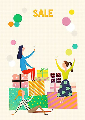 PSD 여자 일러스트 들기 성인 세명 선물상자 쇼핑 세일 쌓기 건배 샴페인잔 축배 국내일러스트 술잔 모션 선물 사람 상자 파일형식