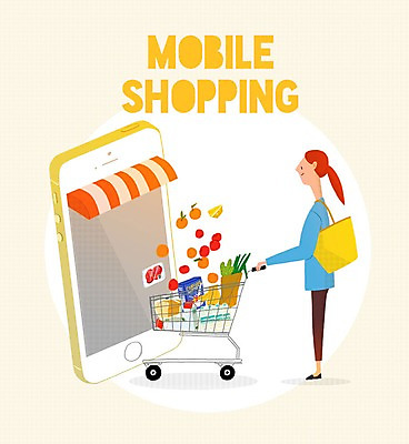 PSD 여자 음식 일러스트 모바일 한명 성인 스마트폰 쇼핑 장보기 세일 쇼핑카 모바일쇼핑 스토어 국내일러스트 1 사람 핸드폰 스마트기기 카트 온라인쇼핑 파일형식