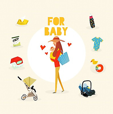 PSD 여자 일러스트 성인 두명 쇼핑 세일 아기용품 아기 유모차 유아복 물티슈 카시트 국내일러스트 옷 의자 사람 오브젝트 파일형식