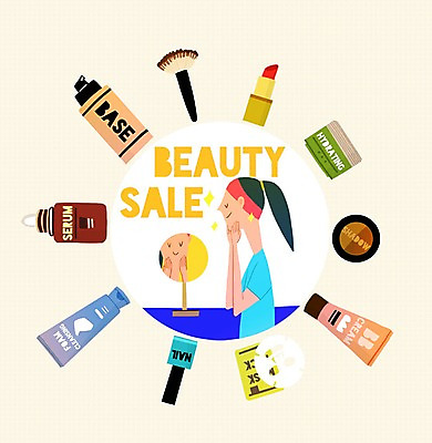 PSD 여자 일러스트 서울 한명 성인 쇼핑 세일 화장품 거울 립스틱 매니큐어 메이크업브러쉬 비비크림 클렌징폼 국내일러스트 1 한국 사람 뷰티 붓 세안용품 파일형식