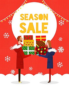 PSD 여자 남자 크리스마스 일러스트 눈꽃 들기 성인 두명 선물상자 쇼핑 세일 털점퍼 국내일러스트 기념일 모션 눈_날씨 선물 사람 상자 점퍼 파일형식