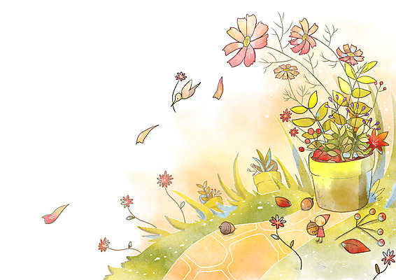 PSD 나무 화분 길 백그라운드 일러스트 조류 요정 사람없음 판타지 가을풍경 가을 코스모스 도토리 가을배경 국내일러스트 식물 동물 계절 꽃 상상 풍경 견과류 파일형식 가을_계절