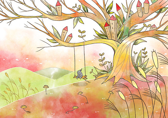 PSD 나무 동물 백그라운드 일러스트 주택 사람없음 판타지 가을풍경 가을 풀잎 언덕 그네 나무그네 가을배경 국내일러스트 식물 계절 잎 상상 풍경 건물 풀_식물 파일형식 가을_계절