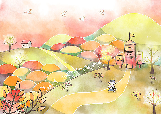 PSD 나무 길 백그라운드 일러스트 조류 산 주택 사람없음 판타지 가을풍경 우체통 가을 우체부 우체국 가을배경 국내일러스트 식물 동물 직업 계절 상상 풍경 건물 기관 파일형식 가을_계절