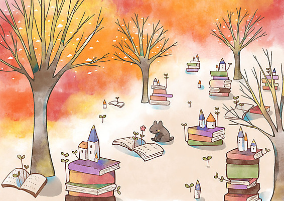 PSD 나무 백그라운드 일러스트 주택 사람없음 책 판타지 독서 가을풍경 가을 쥐 가을배경 국내일러스트 식물 계절 상상 풍경 건물 설치류 파일형식 가을_계절