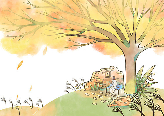 PSD 나무 백그라운드 벤치 일러스트 사람없음 판타지 가을풍경 가을 풀잎 가을배경 국내일러스트 식물 계절 잎 의자 상상 풍경 풀_식물 파일형식 가을_계절