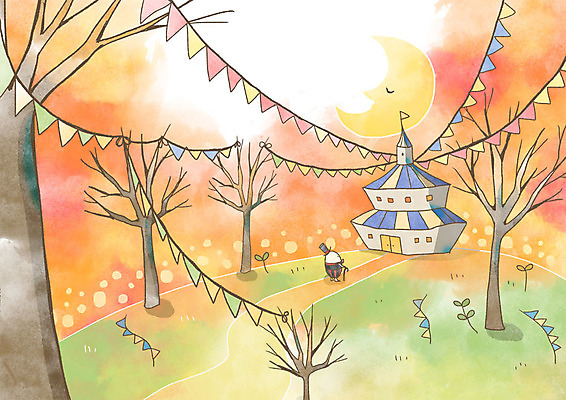 PSD 나무 길 백그라운드 일러스트 사람없음 판타지 가을풍경 달 가을 서커스 가랜드 가을배경 국내일러스트 자연요소 식물 계절 상상 풍경 파티용품 파일형식 가을_계절