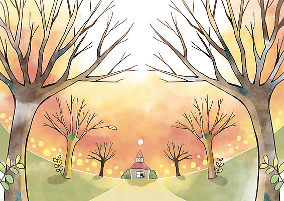 PSD 나무 길 백그라운드 일러스트 주택 사람없음 판타지 가을풍경 가을 풀잎 가을배경 국내일러스트 식물 계절 잎 상상 풍경 건물 풀_식물 파일형식 가을_계절