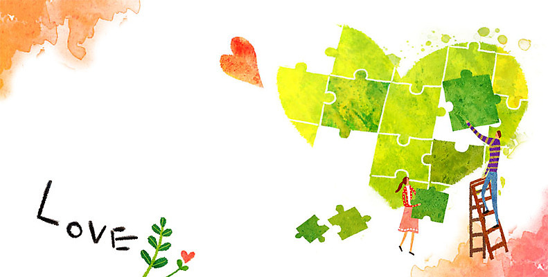 PSD 커플 여자 남자 백그라운드 일러스트 사다리 사랑 성인 두명 하트 퍼즐 퍼즐조각 국내일러스트 모양 감정 조각 관계 사람 도구 파일형식
