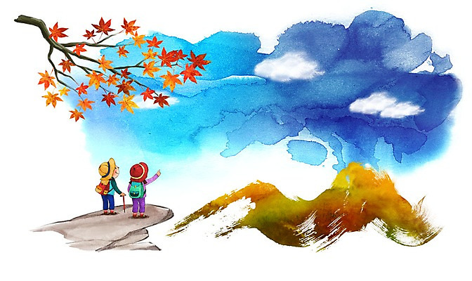 PSD 여자 남자 어린이 백그라운드 단풍 일러스트 배낭 단풍나무 산 두명 등산 가을 바위 계절백그라운드 가을배경 국내일러스트 나무 계절 잎 가방 사람 트래킹 돌_바위 파일형식 가을_계절