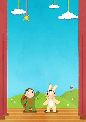PSD 구름 여자 남자 어린이라이프 어린이 일러스트 두명 태양 무대 깃발 토끼 거북이 언덕 연극 토끼와거북이 프레임일러스트 국내일러스트 자연요소 라이프스타일 포유류 파충류 동화 문화예술 프레임 사람 반려동물 파일형식