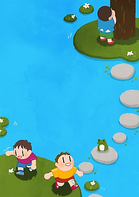 PSD 남자 어린이라이프 어린이 일러스트 개구리 세명 연못 연잎 돌다리 숨바꼭질 프레임일러스트 국내일러스트 라이프스타일 잎 프레임 양서류 사람 다리_건축물 파일형식