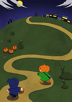 PSD 여자 남자 어린이라이프 길 어린이 일러스트 두명 분장 바구니 할로윈 달 무덤 밤길 잭오랜턴 프레임일러스트 국내일러스트 자연요소 라이프스타일 프레임 사람 파일형식