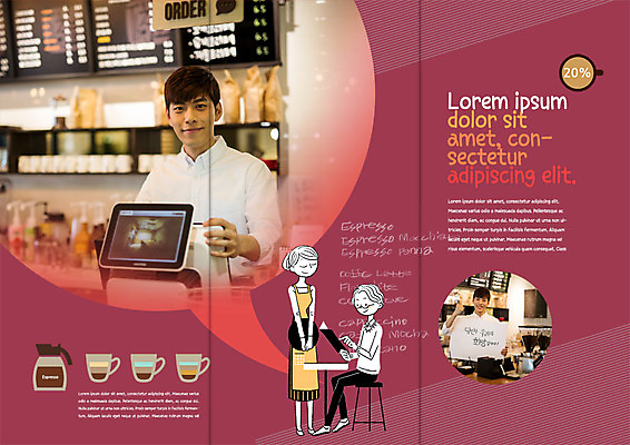 PSD 템플릿 편집 표지디자인 북디자인 출판디자인 여자 남자 내지 커피 음식 리플렛 북커버 3단접지 탁자 팜플렛 여러명 20대 성인 컵 카페 한국인 계산대 메뉴판 주문 주유소점원 이미지템플릿 식기 음료 가구 다수 사람 동양인 청년 상점 직원 파일형식