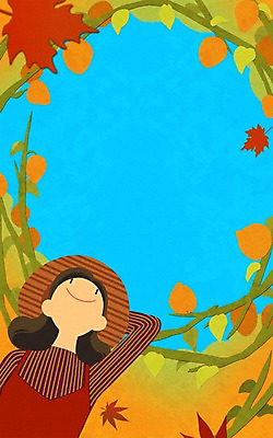 PSD 모자 여자 낙엽 일러스트 하늘 한명 성인 가을 덩굴 프레임일러스트 국내일러스트 식물 1 잡화 계절 잎 프레임 사람 파일형식