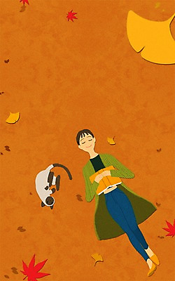 PSD 여자 단풍 일러스트 한명 성인 책 눕기 고양이 가을 잠 은행잎 프레임일러스트 국내일러스트 1 계절 잎 포유류 모션 프레임 사람 반려동물 파일형식