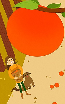 PSD 여자 일러스트 감 한명 성인 바구니 가을 강아지 감나무 프레임일러스트 국내일러스트 나무 1 계절 과일 프레임 사람 반려동물 개 파일형식