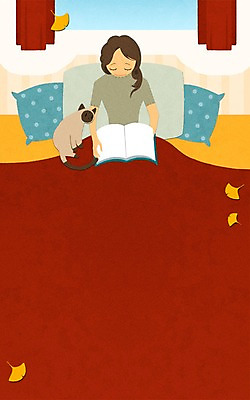 PSD 여자 일러스트 베개 한명 성인 책 독서 고양이 이불 가을 은행잎 프레임일러스트 국내일러스트 1 계절 잎 포유류 침구 프레임 사람 반려동물 파일형식