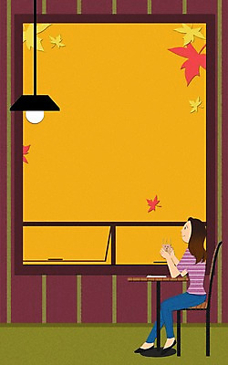 PSD 여자 커피 단풍 의자 일러스트 창문 탁자 조명 한명 성인 카페 가을 프레임일러스트 국내일러스트 1 계절 음료 가구 잎 프레임 사람 상점 파일형식