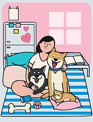 PSD 여자 쿠션 일러스트 공 집안 실내 세마리 한명 성인 책 강아지 냉장고 개뼈다귀 안식처 국내일러스트 1 휴식 3 사람 내부 반려동물 가전제품 개 애견간식 파일형식