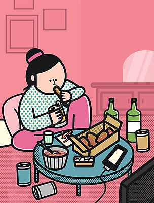 PSD 여자 쿠션 일러스트 탁자 집안 실내 한명 성인 스마트폰 텔레비전 치킨 캔 먹기 티비시청 소주병 안식처 컵라면 국내일러스트 1 가구 모션 술병 휴식 사람 내부 전자제품 핸드폰 스마트기기 라면 소주 닭고기요리 시청_보고들음 파일형식