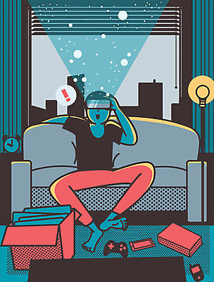 PSD 남자 일러스트 창문 집안 실내 한명 성인 스마트폰 소파 게임기 안식처 가상현실 오큘러스 VR기기 국내일러스트 1 의자 휴식 사람 내부 핸드폰 스마트기기 기계 파일형식