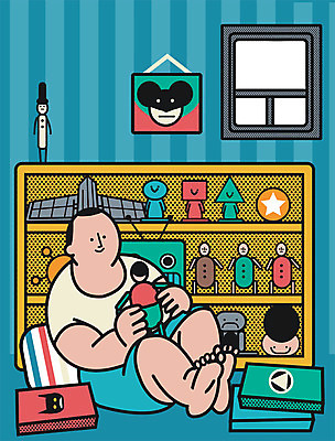 PSD 남자 일러스트 창문 집안 책장 실내 한명 성인 취미 장난감 모형 수집 안식처 키덜트 레이어드홈 국내일러스트 1 가구 휴식 사람 내부 파일형식