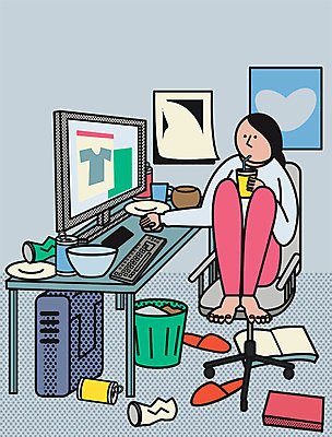 PSD 그릇 여자 음료 의자 일러스트 집안 슬리퍼 실내 한명 성인 책 컴퓨터 모니터 쓰레기통 웹서핑 키보드 캔 책상 안식처 국내일러스트 1 식기 가구 신발 휴식 사람 내부 전자제품 파일형식